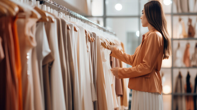 young woman chooses a dress in a clothing store. Generative Ai