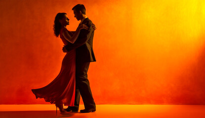 silhouette of a couple on a red background dancing incendiary tango. Generative Ai