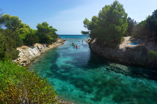 Drone view of Cala Ginepro and Cala Liberotto beachs, with the Sa Curcurica pond, Orosei, Sardinia, Italy