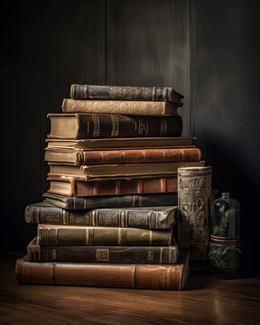 Old shabby books on a table on a wooden background with various accessories