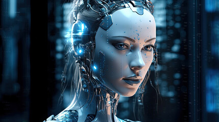 Illustration of face beautiful female android robot in neon light. 3D, highly detailed. For covers, backgrounds and other projects about artificial intelligence and future technology.