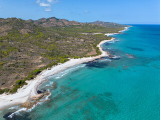Fototapeta premium Drone view of white sand beaches and crystal clear water of the Biderosa oasis, oasi Bidderosa, Biderosa reserve. Natural Park, Orosei, Sardinia, Italy