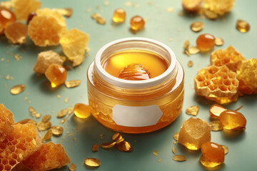 Essential oil in glass bottles and honeycombs on wooden table