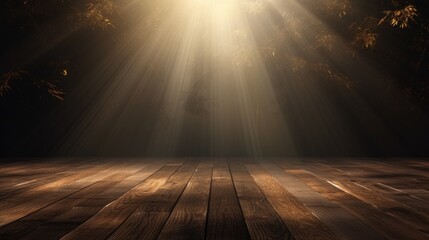 Dark wood floor with background with sunlight and forest