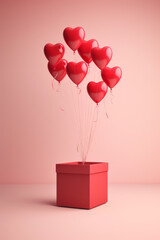 Red gift box with heart shaped balloons. Valentine, love, romance concept. Love is in the air. AI generative, illustration