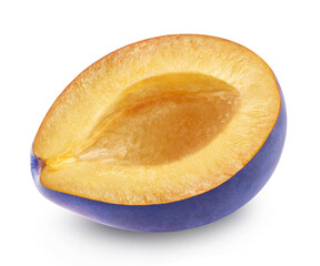 Plum isolated. Half of a ripe plum on a transparent background.