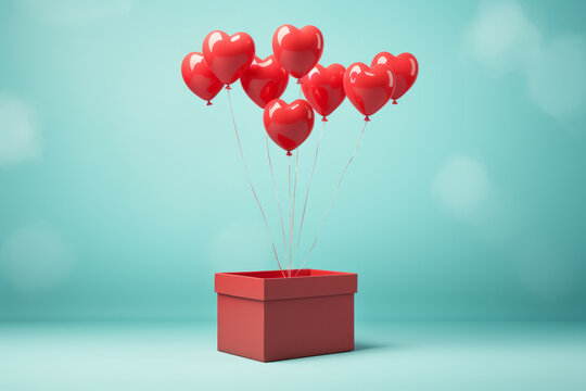 Red gift box with heart shaped balloons. Valentine, love, romance concept. Love is in the air. AI generative, illustration