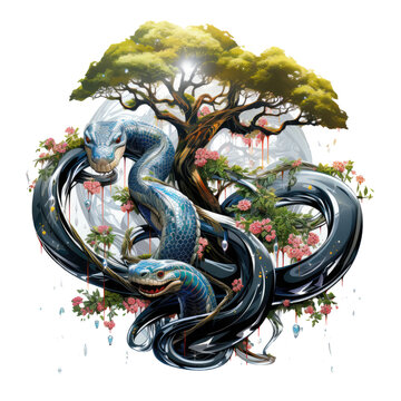An enchanted Anaconda Tree t-shirt design, showcasing a tree that winds and curves across the shirt, its branches adorned with shimmering crystals and gemstone, Generative Ai
