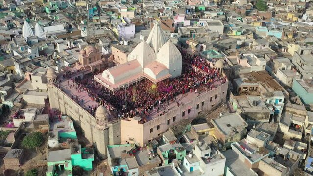 Aerial view of Shri Raas Bihari Temple during the Holy colour festival in Barsana, Uttar Pradesh, India.