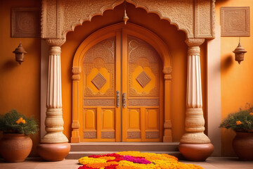 An ornate door adorned with marigold flowers and colorful rangoli patterns welcoming visitors during Diwali - obrazy, fototapety, plakaty