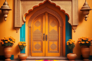 Fototapeta na wymiar An ornate door adorned with marigold flowers and colorful rangoli patterns welcoming visitors during Diwali