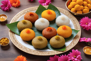 Naklejka na ściany i meble A plate full of traditional Diwali sweets like ladoos, kaju katli, and jalebis