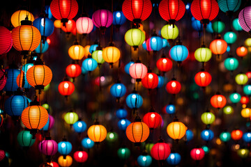 Rows of colorful lanterns hanging across a narrow alley