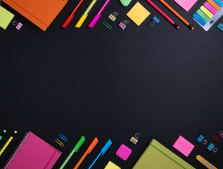 Frame of colorful school and office stationery set on black background. © tg-photo