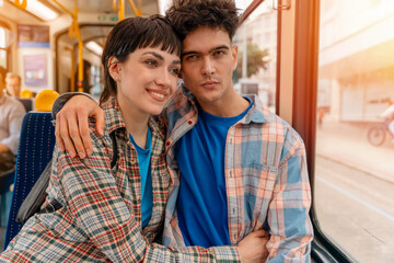 upset couple hugging on a bus, tram Lifestyle concept