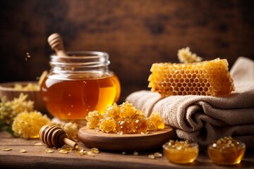 Honeycomb with honey and honey dipper on wooden background.