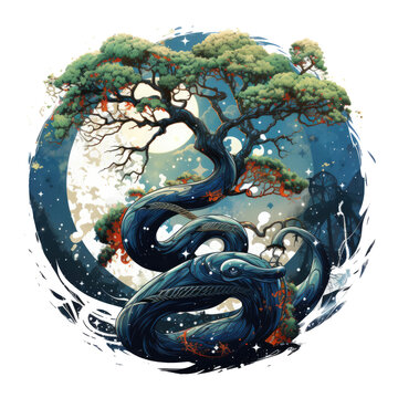 A cosmic Anaconda Tree t-shirt design, depicting a tree that merges with the cosmos, Generative Ai
