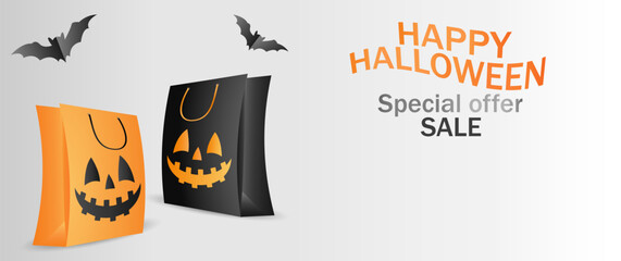 Horizontal wide banner, mockup, template for Halloween sale and advertising with place for text, copy space. With gift bag and bats
