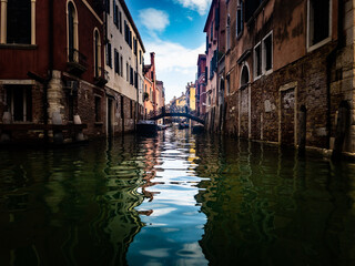A narrow canal in Venice. Scenic colorful view in Venice, Italy.