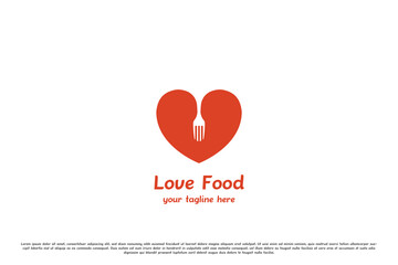 Food love logo template design illustration. Creative silhouette, abstract, simple, heart, love, fork, minimalist elegant cooking cutlery concept. Elegant luxury food restaurant cafe icon symbol. - obrazy, fototapety, plakaty