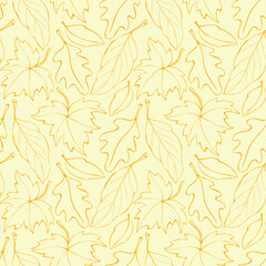 Seamless pattern falling leaves. Vector autumn texture isolated, hand drawn in sketch style, orange outline. Concept of forest, leaf fall, nature.