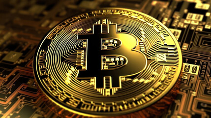 Fototapeta na wymiar Bitcoin Cryptocurrency Digital Bit Coin standing on circuit board, BTC Currency Technology Business Internet Concept. 3d rendering