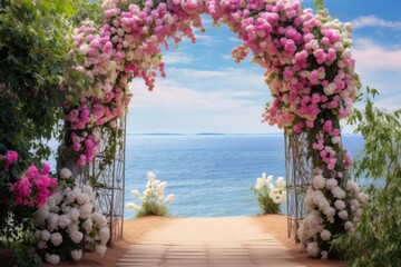 a tranquil journey along the beach to the sea, under a floral arch with sea view, Generative AI