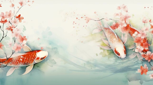 Hand painted watercolor art with Japanese Koi Carp or pond fish, swimming around in water with lily pads.