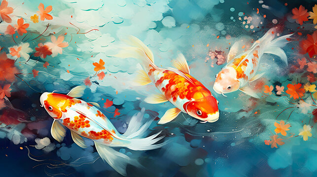 Hand painted watercolor art with Japanese Koi Carp or pond fish, swimming around in water with lily pads.