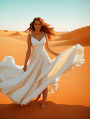 Fototapeta na wymiar woman in white dress walking in the desert