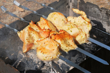 Meat frying on grill. Fried pieces of pork and beef skewers on coals in open air. Roasted meat background.
