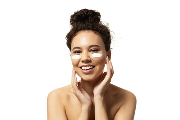 PNG,attractive girl applies cream on her face, isolated on white background