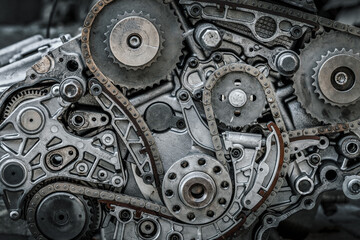 car engine timing chain system. vehicle motor repair