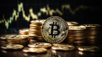 Bitcoin Cryptocurrency Digital Bit Coin standing on circuit board, BTC Currency Technology Business Internet Concept. 3d rendering