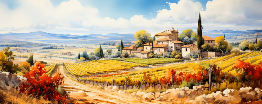 Vibrant watercolor depiction of a quaint Mediterranean village nestled amidst the rich hues of autumn 