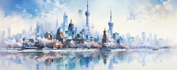 Serene snow-cloaked skyline of an Asian megacity transformed into an ethereal masterpiece by delicate watercolor strokes  - obrazy, fototapety, plakaty