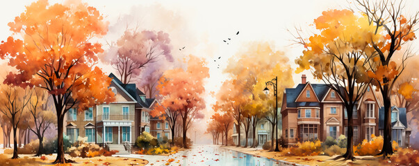 A charming watercolor painting of a cozy small town street with colorful buildings and falling autumn leaves background with empty space for text 