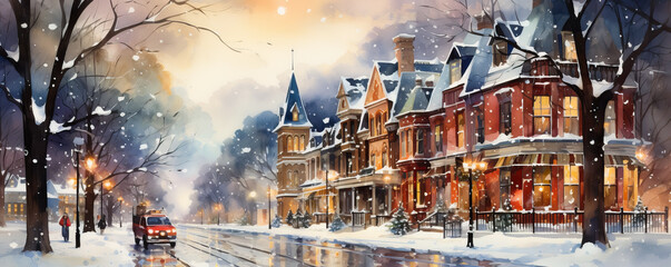 Watercolor painting of a quaint Canadian city blanketed in snow with cozy buildings and twinkling streetlights 