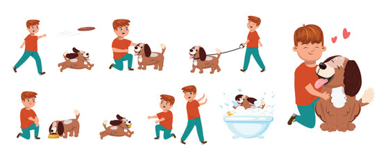 Vector cartoon set of a boy and dog spending fun time together