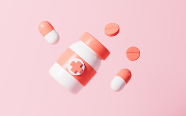 Cartoon medicine bottle and pills in the pink background, 3d rendering.