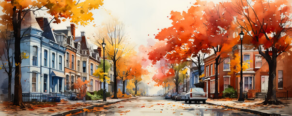 A charming watercolor painting of a cozy small town street with colorful buildings and falling autumn leaves background with empty space for text  - obrazy, fototapety, plakaty