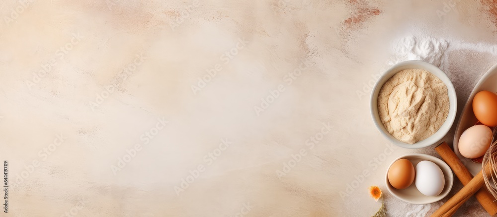 Poster Table set for baking with space for text viewed from above isolated pastel background Copy space