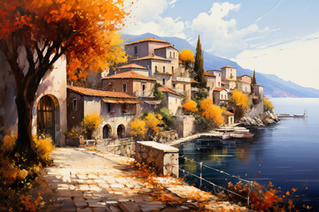 A picturesque Mediterranean village nestled among vibrant autumn foliage revealing a tranquil and enchanting watercolor painting come to life 