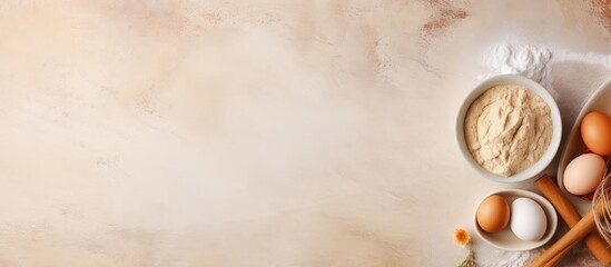 Table set for baking with space for text viewed from above isolated pastel background Copy space