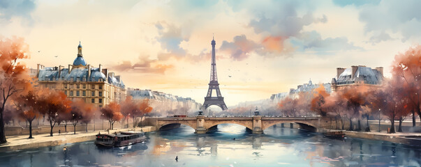 A picturesque winter watercolor skyline of Paris with the Eiffel Tower and Seine River against a soft gradient backdrop 