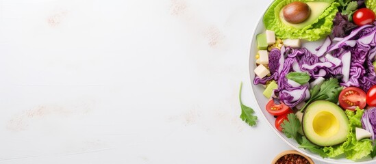 Salad with lettuce corn onion tuna tomatoes eggs olive oil and red cabbage in a white bowl isolated pastel background Copy space