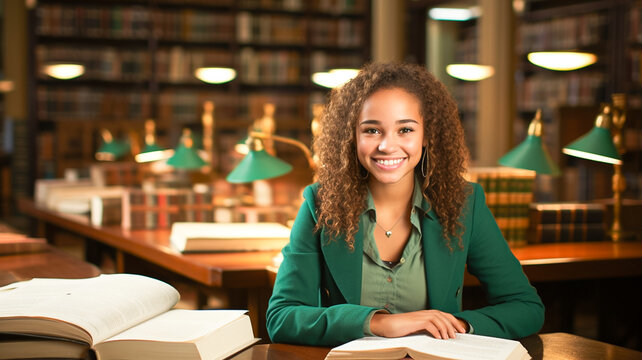 Attractive african american girl learning at university library, young female student reading book and preparing for exam with textbook.
- Powered by Adobe