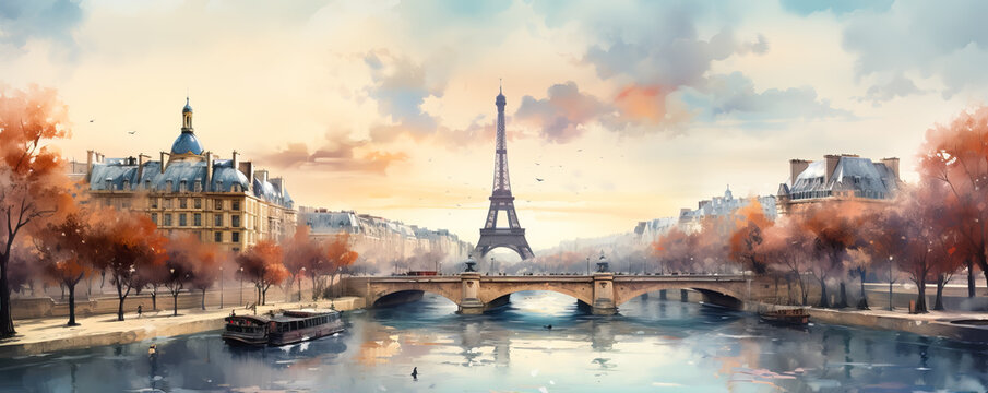 A Picturesque Winter Watercolor Skyline Of Paris With The Eiffel Tower And Seine River Against A Soft Gradient Backdrop 