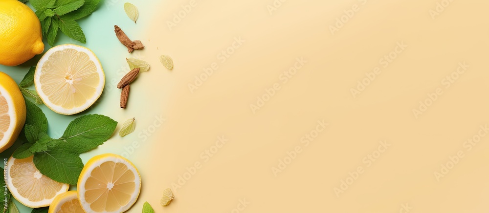 Poster Top down view of ginger tea with lemon honey mint leaf against isolated pastel background Copy space with space for text