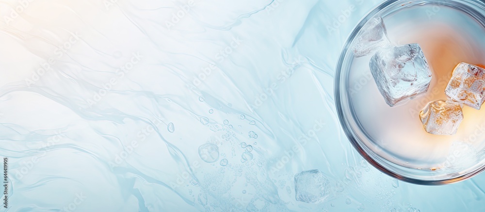 Poster water and ice in a cup ice on a black marble background with lens bokeh and light isolated pastel ba